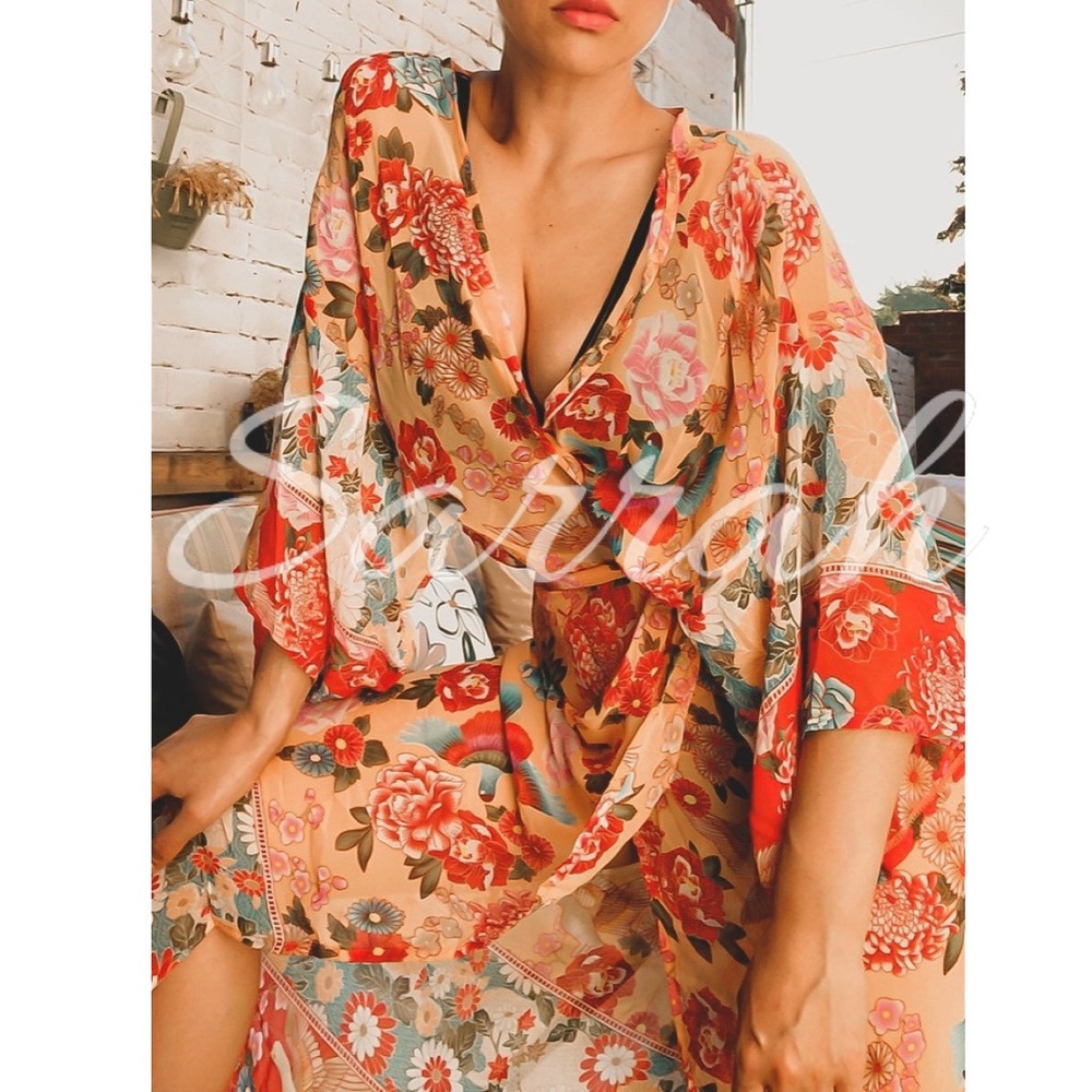 New Bohemian Mixed Print Kimono Cardigan Duster Robe Swim Coverup - Picture 3 of 7